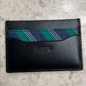 NWOT J. Crew Black Leather Card Holder with Navy and Green Stripe Accent